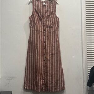 Pact Canopy Linen Cotton Blend Button Front Midi Dress small brown white Stripe